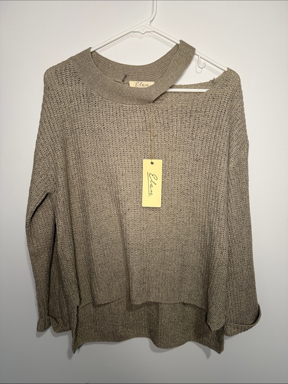 Elan Olive-Taupe Scoop Neck Knit Sweater